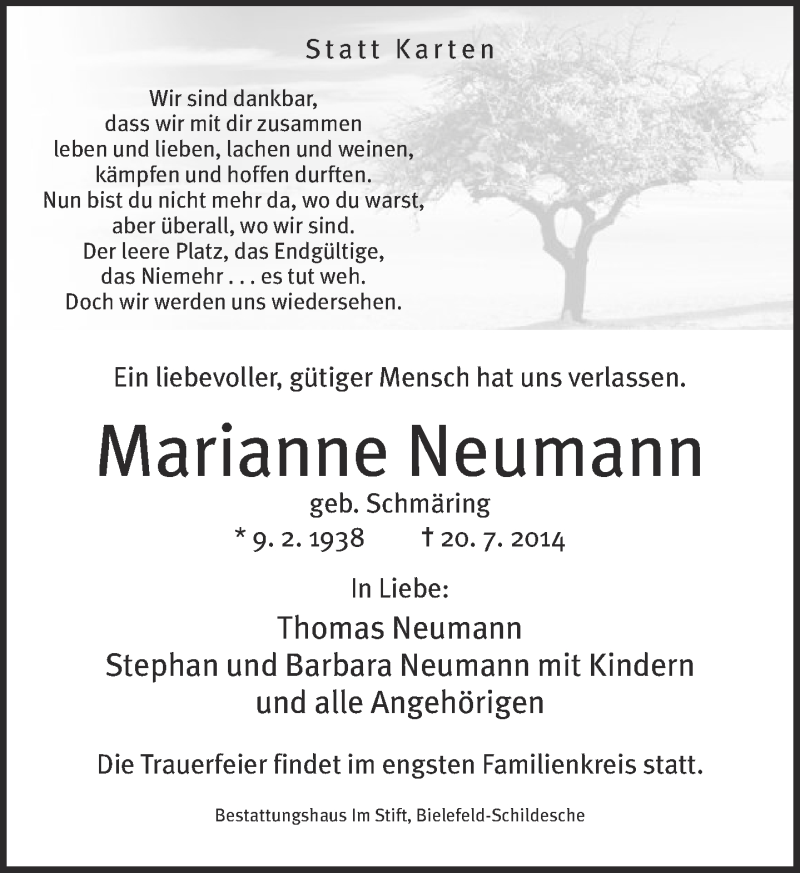  Traueranzeige für Marianne Neumann vom 26.07.2014 aus Neue Westfälische