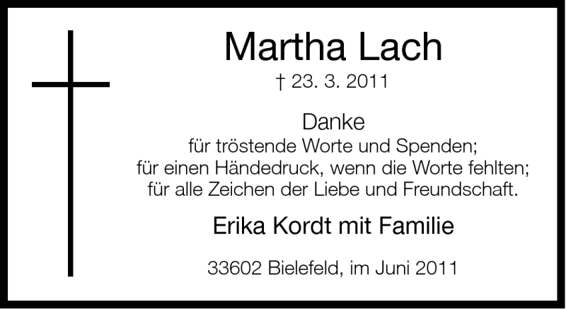  Traueranzeige für Martha Lach vom 04.06.2011 aus Neue Westfälische