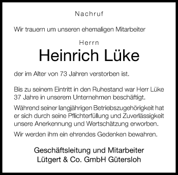 Traueranzeige von Heinrich  Lüke von Neue Westfälische