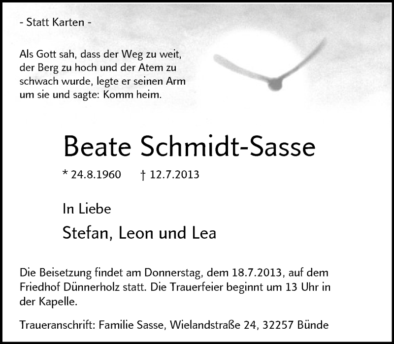  Traueranzeige für Beate Schmidt-Sasse vom 16.07.2013 aus Neue Westfälische