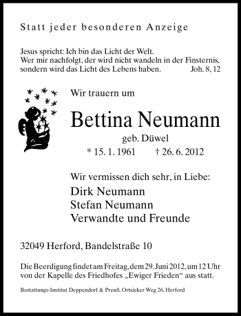 Traueranzeige von Bettina Neumann von Neue Westfälische