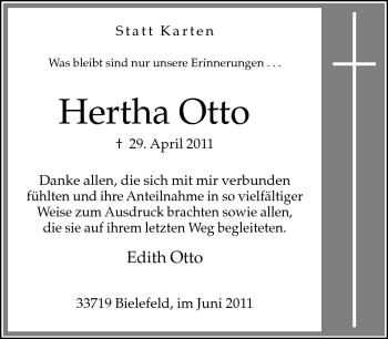 Traueranzeige von Hertha Otto von Neue Westfälische