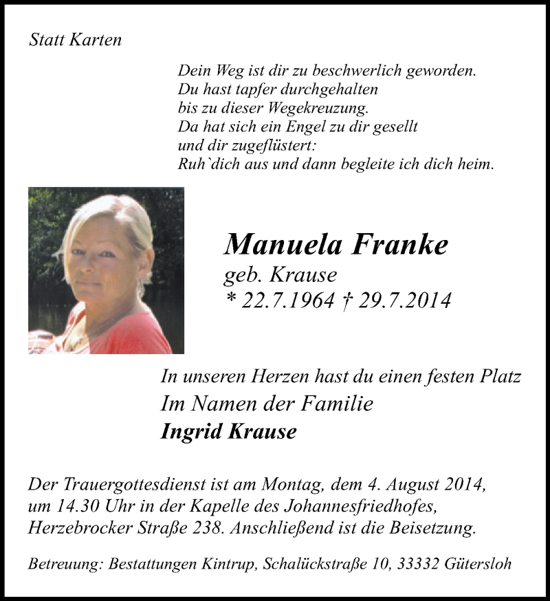  Traueranzeige für Manuela Franke vom 31.07.2014 aus Neue Westfälische