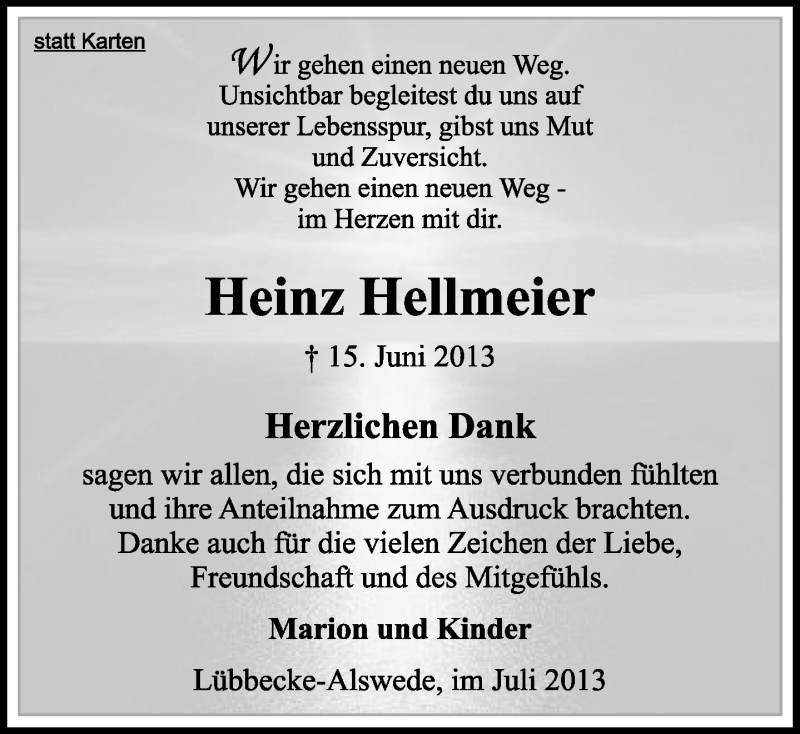  Traueranzeige für Heinz Hellmeier vom 20.07.2013 aus Neue Westfälische