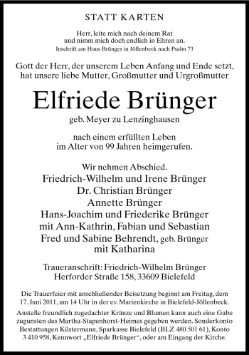 Traueranzeige von Elfriede Brünger von Neue Westfälische