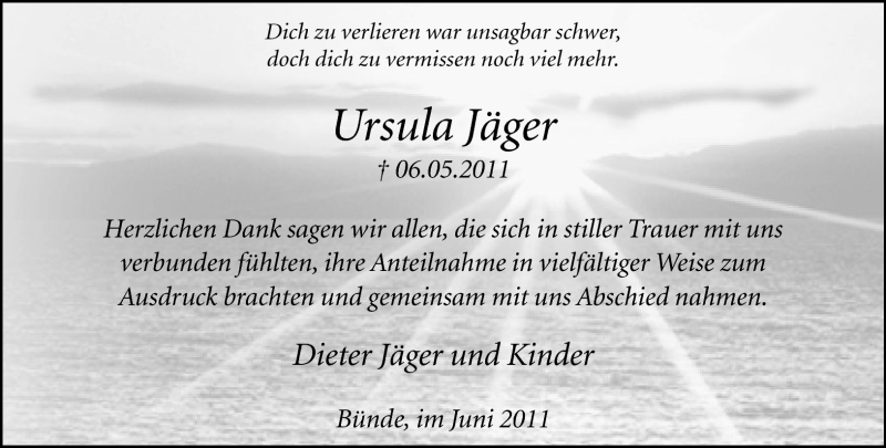  Traueranzeige für Ursula Jäger vom 11.06.2011 aus Neue Westfälische