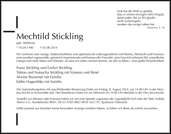 Traueranzeige von Mechthild Stickling von Neue Westfälische