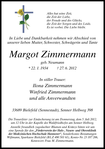 Traueranzeige von Margot Zimmermann von Neue Westfälische