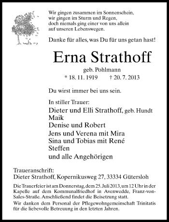 Traueranzeige von Erna Strathoff von Neue Westfälische