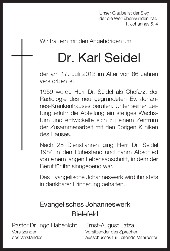  Traueranzeige für Karl Seidel vom 27.07.2013 aus Neue Westfälische