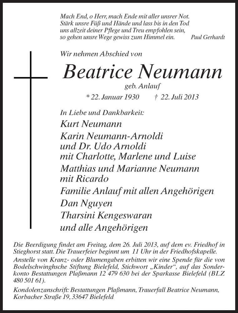  Traueranzeige für Beatrice Neumann vom 25.07.2013 aus Neue Westfälische