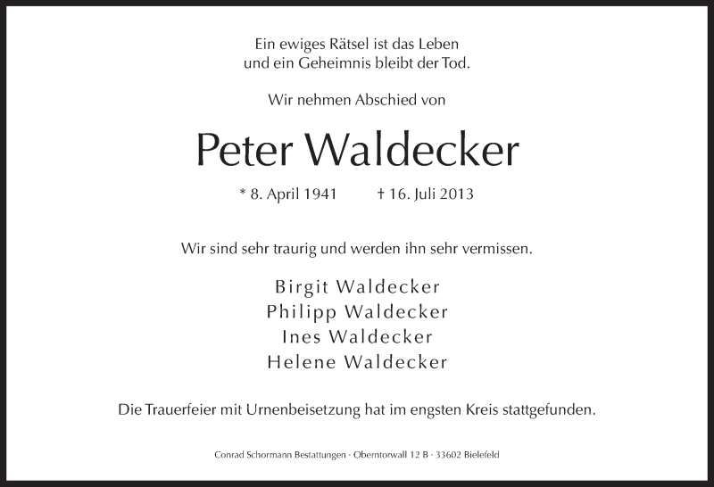  Traueranzeige für Peter Waldecker vom 27.07.2013 aus Neue Westfälische