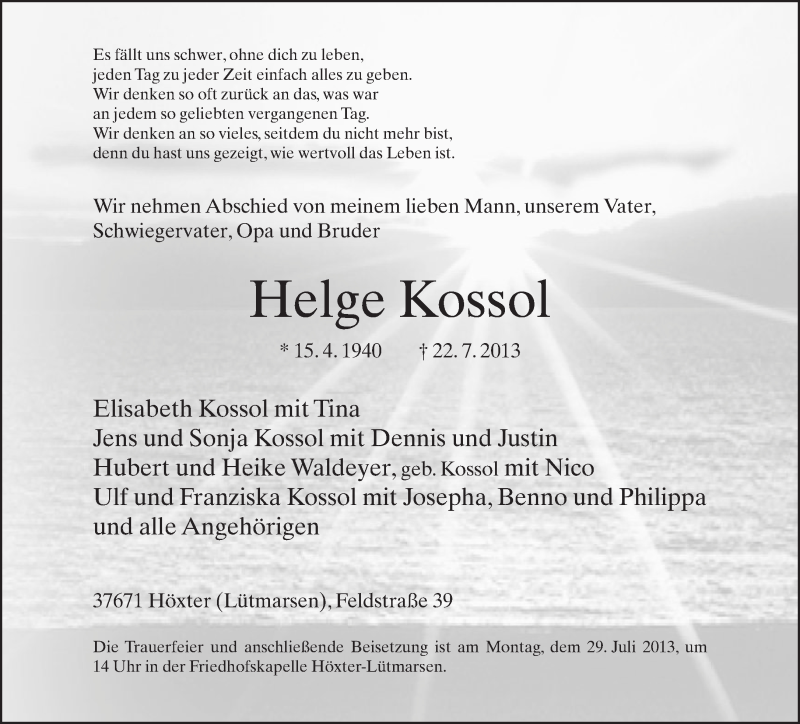  Traueranzeige für Helge Kossol vom 25.07.2013 aus Neue Westfälische