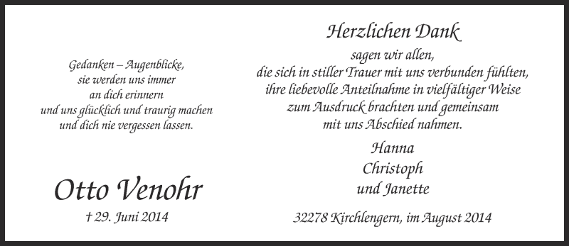  Traueranzeige für Otto  Venohr vom 16.08.2014 aus Neue Westfälische