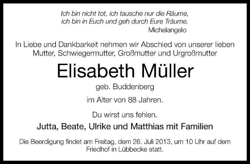  Traueranzeige für Elisabeth Müller vom 26.07.2013 aus Neue Westfälische