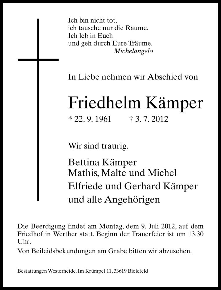  Traueranzeige für Friedhelm Kämper vom 05.07.2012 aus Neue Westfälische