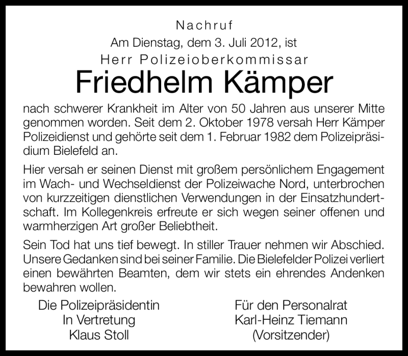  Traueranzeige für Friedhelm Kämper vom 05.07.2012 aus Neue Westfälische