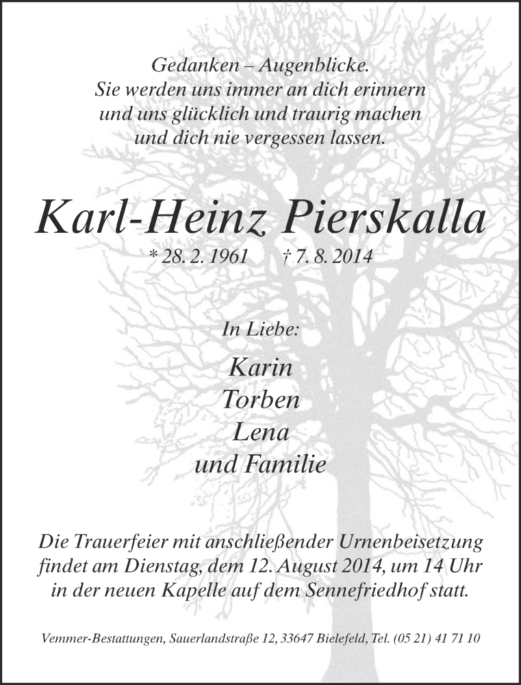  Traueranzeige für Karl-Heinz Pierskalla vom 09.08.2014 aus Neue Westfälische