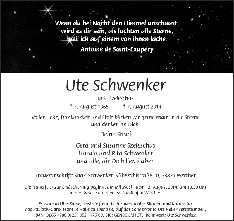  Traueranzeige für Ute Schwenker vom 09.08.2014 aus Neue Westfälische