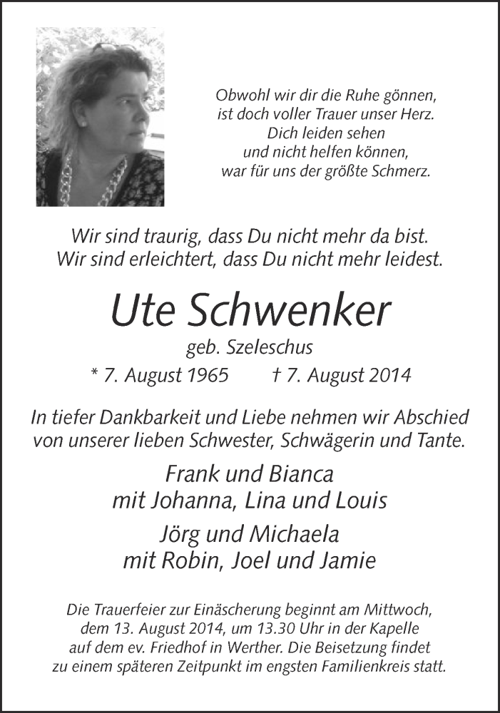  Traueranzeige für Ute Schwenker vom 11.08.2014 aus Neue Westfälische