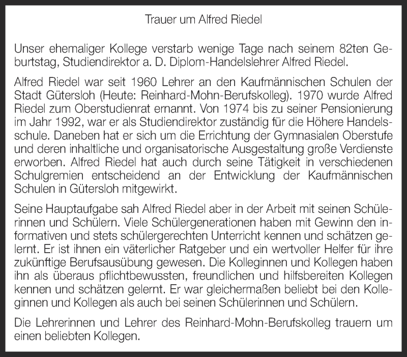  Traueranzeige für Alfred Riedel vom 14.08.2014 aus Neue Westfälische