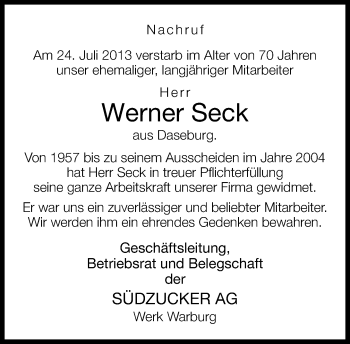 Traueranzeige von Werner Seck von Neue Westfälische