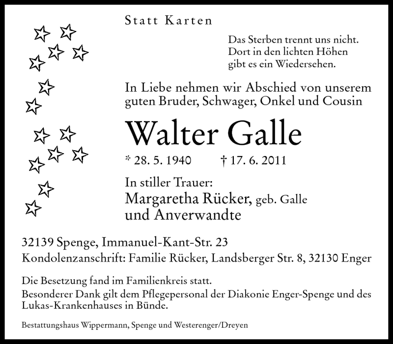  Traueranzeige für Walter Galle vom 25.06.2011 aus Neue Westfälische