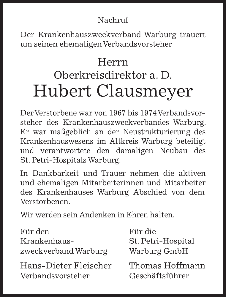  Traueranzeige für Hubert Clausmeyer vom 09.08.2013 aus Neue Westfälische