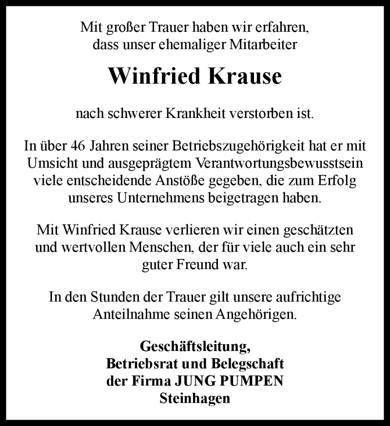  Traueranzeige für Winfried Krause vom 17.07.2012 aus Neue Westfälische