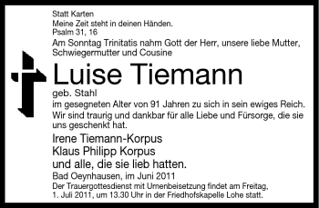 Traueranzeige von Luise Tiemann von Neue Westfälische