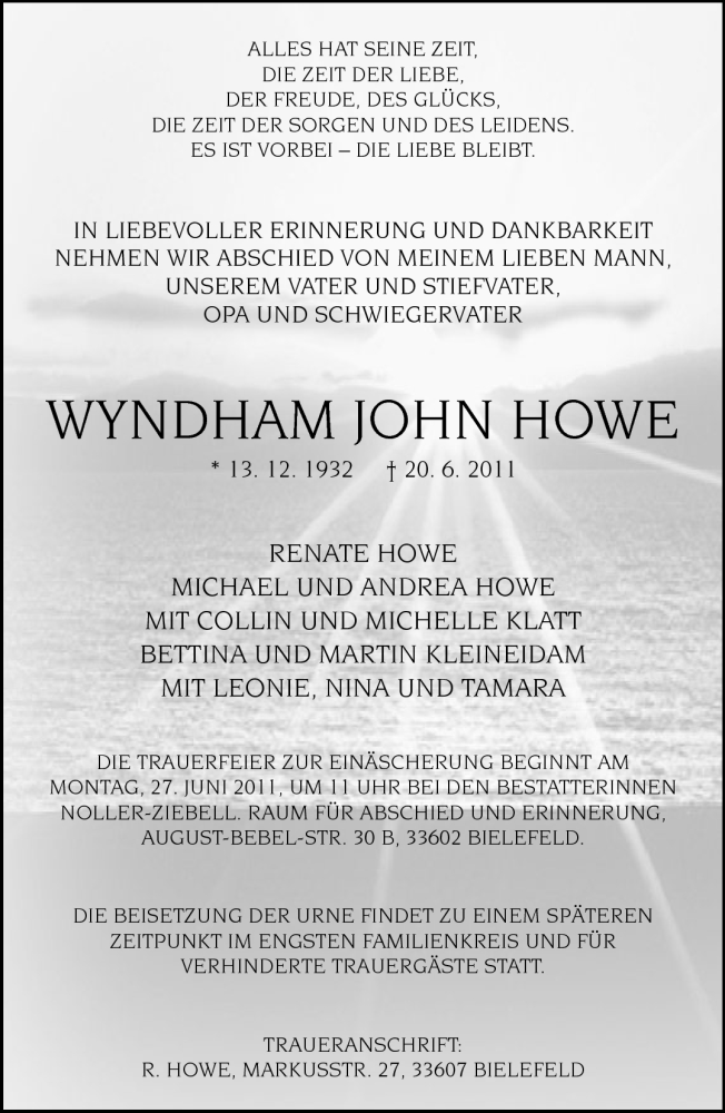  Traueranzeige für Wyndham John Howe vom 25.06.2011 aus Neue Westfälische