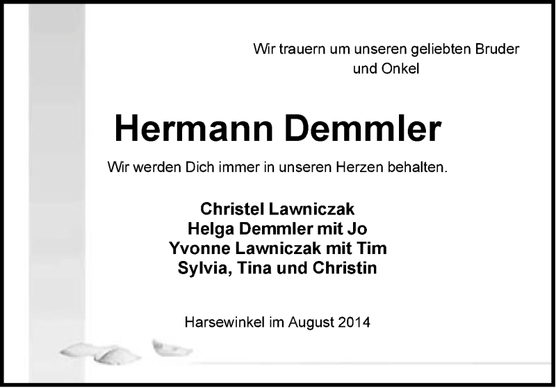  Traueranzeige für Hermann Demmler vom 25.08.2014 aus Neue Westfälische
