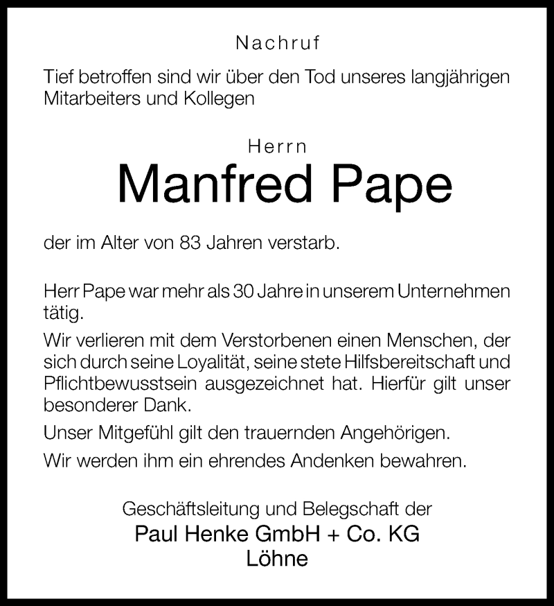  Traueranzeige für Manfred Pape vom 26.08.2014 aus Neue Westfälische