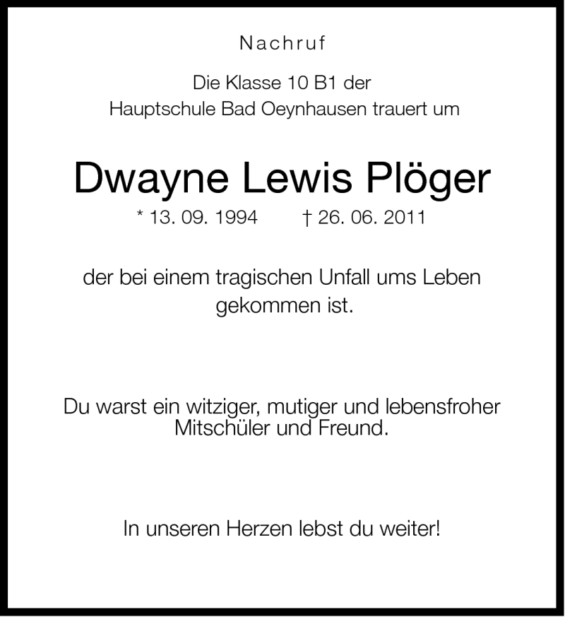  Traueranzeige für Dwayne Lewis Plöger vom 29.06.2011 aus Neue Westfälische
