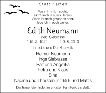 Traueranzeige von Edit Neumann von Neue Westfälische