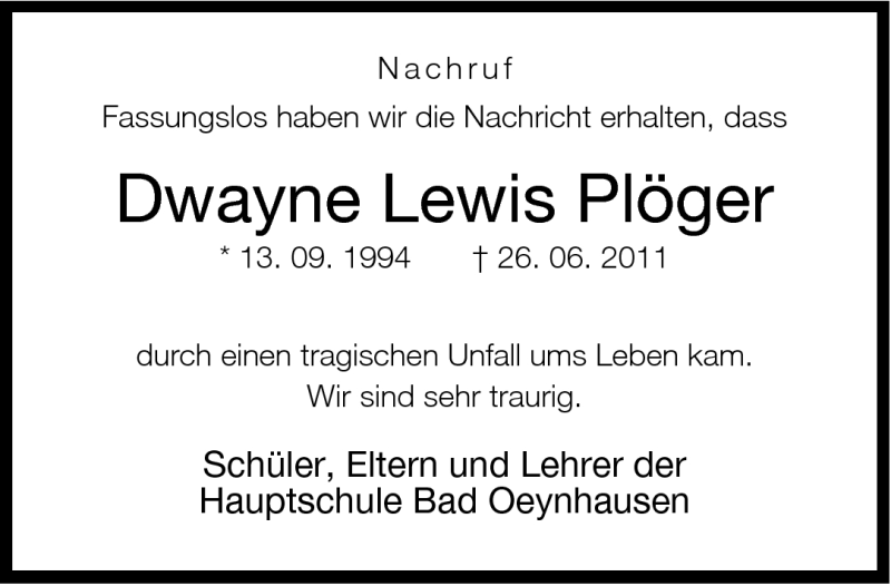  Traueranzeige für Dwayne Lewis Plöger vom 29.06.2011 aus Neue Westfälische