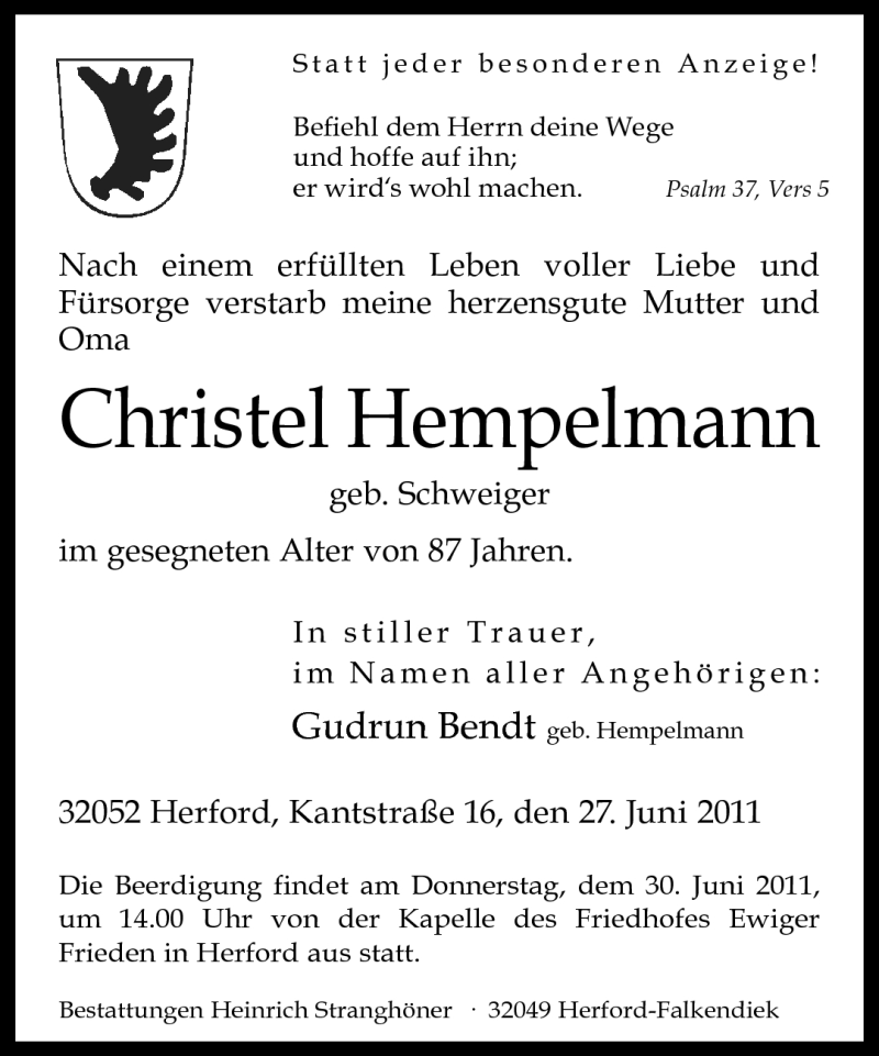  Traueranzeige für Christel Hempelmann vom 29.06.2011 aus Neue Westfälische
