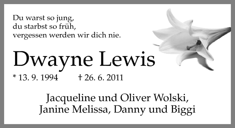  Traueranzeige für Dwayne Lewis Plöger vom 01.07.2011 aus Neue Westfälische