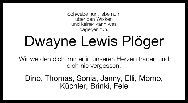  Traueranzeige für Dwayne Lewis Plöger vom 01.07.2011 aus Neue Westfälische