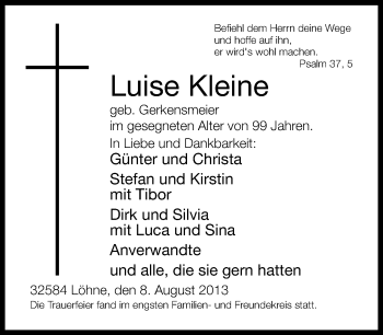 Traueranzeige von Luise Kleine von Neue Westfälische