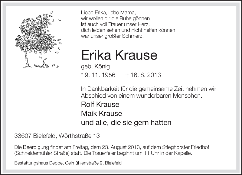  Traueranzeige für Erika Krause vom 20.08.2013 aus Neue Westfälische