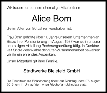 Traueranzeige von Alice Born von Neue Westfälische