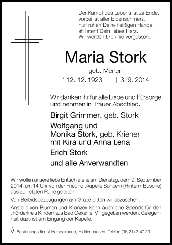 Traueranzeige von Maria Stork von Neue Westfälische