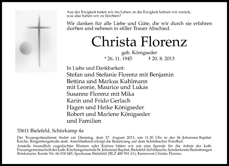 Traueranzeige für Christa Florenz vom 24.08.2013 aus Neue Westfälische