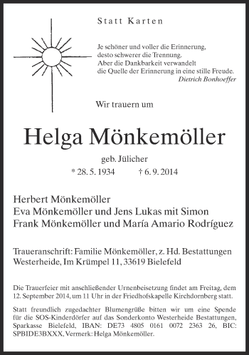 Traueranzeige von Helga Mönkemöller von Neue Westfälische