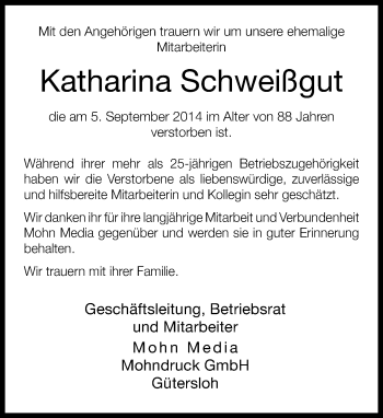 Traueranzeige von Katharina Schweißgut von Neue Westfälische