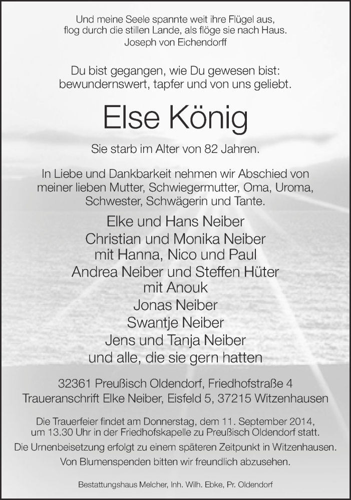  Traueranzeige für Else König vom 09.09.2014 aus Neue Westfälische
