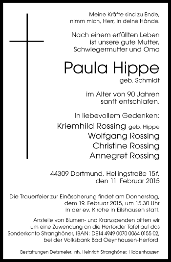 Traueranzeige von Paula Hippe von Neue Westfälische