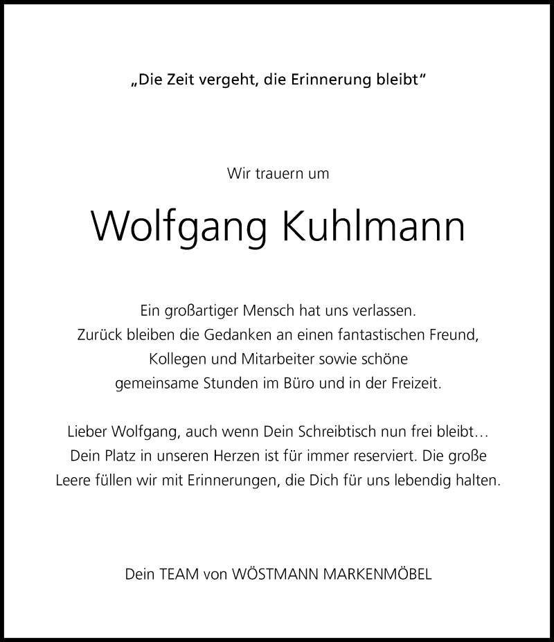  Traueranzeige für Wolfgang Kuhlmann vom 31.08.2013 aus Neue Westfälische