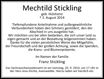 Traueranzeige von Mechtild Stickling von Neue Westfälische